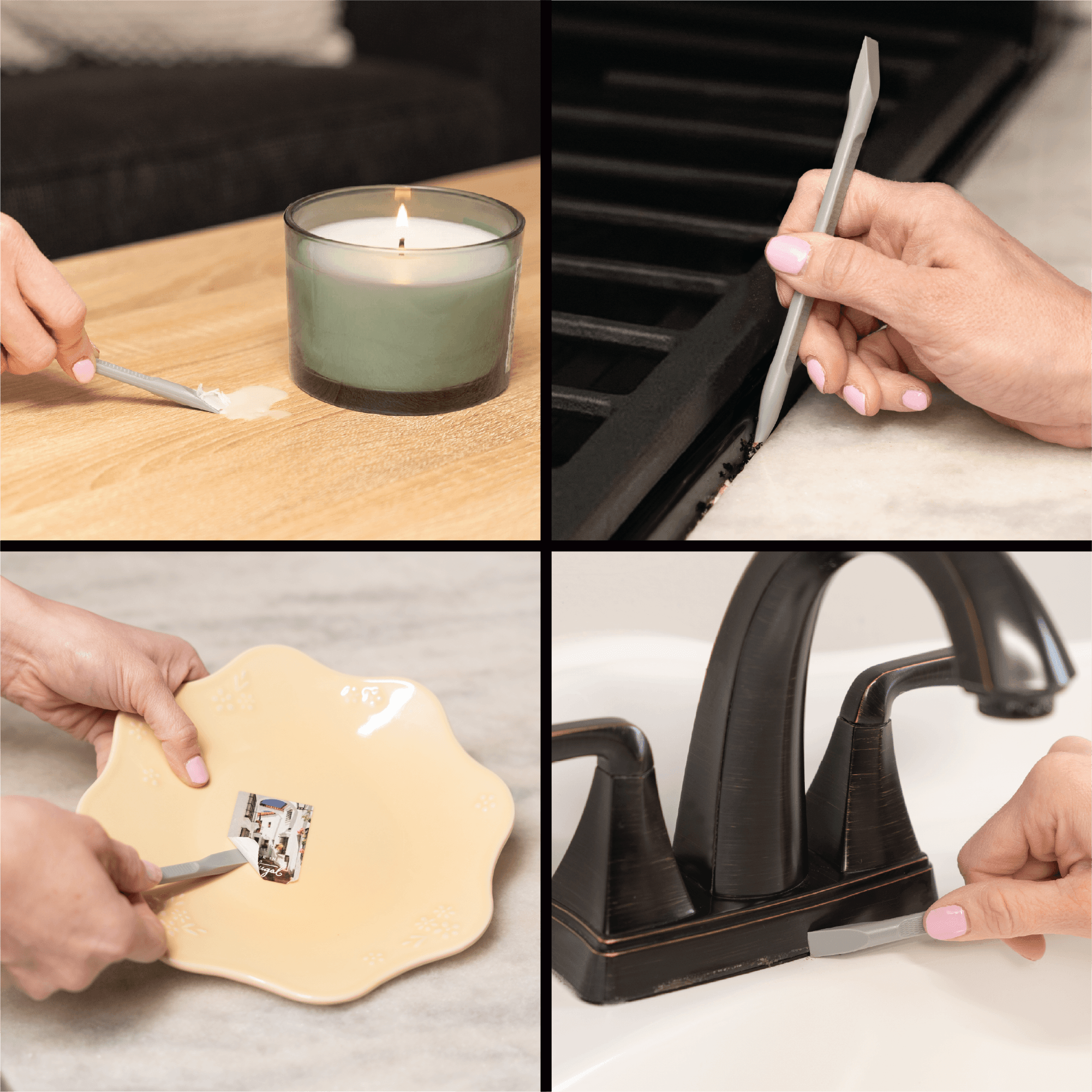 Four scenarios showing a person using a Viking detail pick for different cleaning tasks around the house