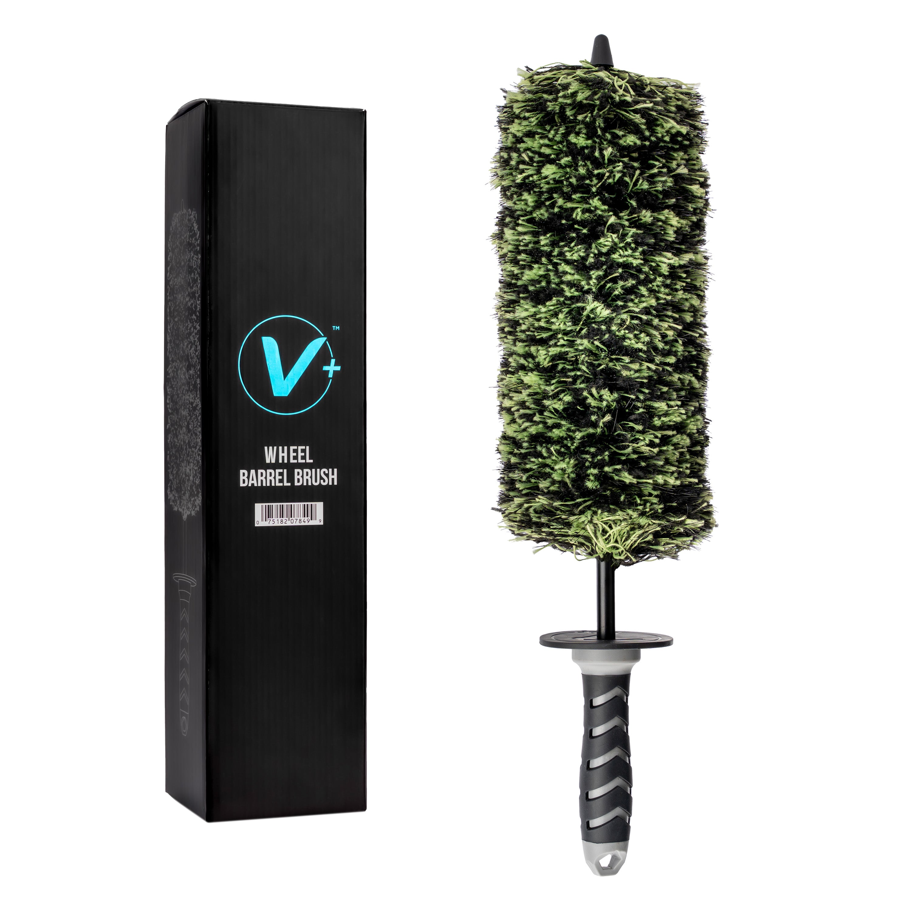 V+ Wheel barrel brush with black packaging featuring a logo on a white background