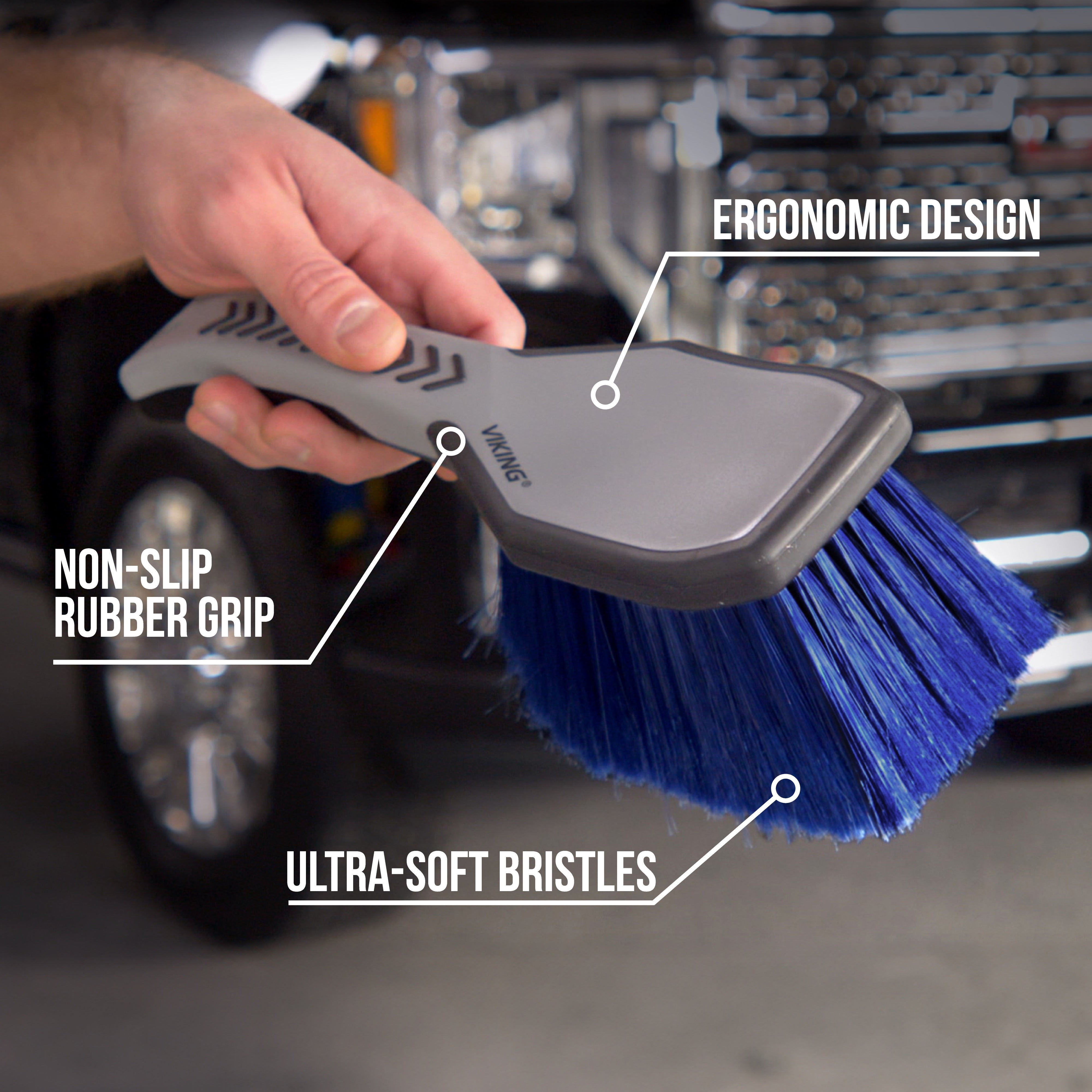 wheel face brush highlighting ergonomic design, non-slip rubber grip, and ultra-soft bristles