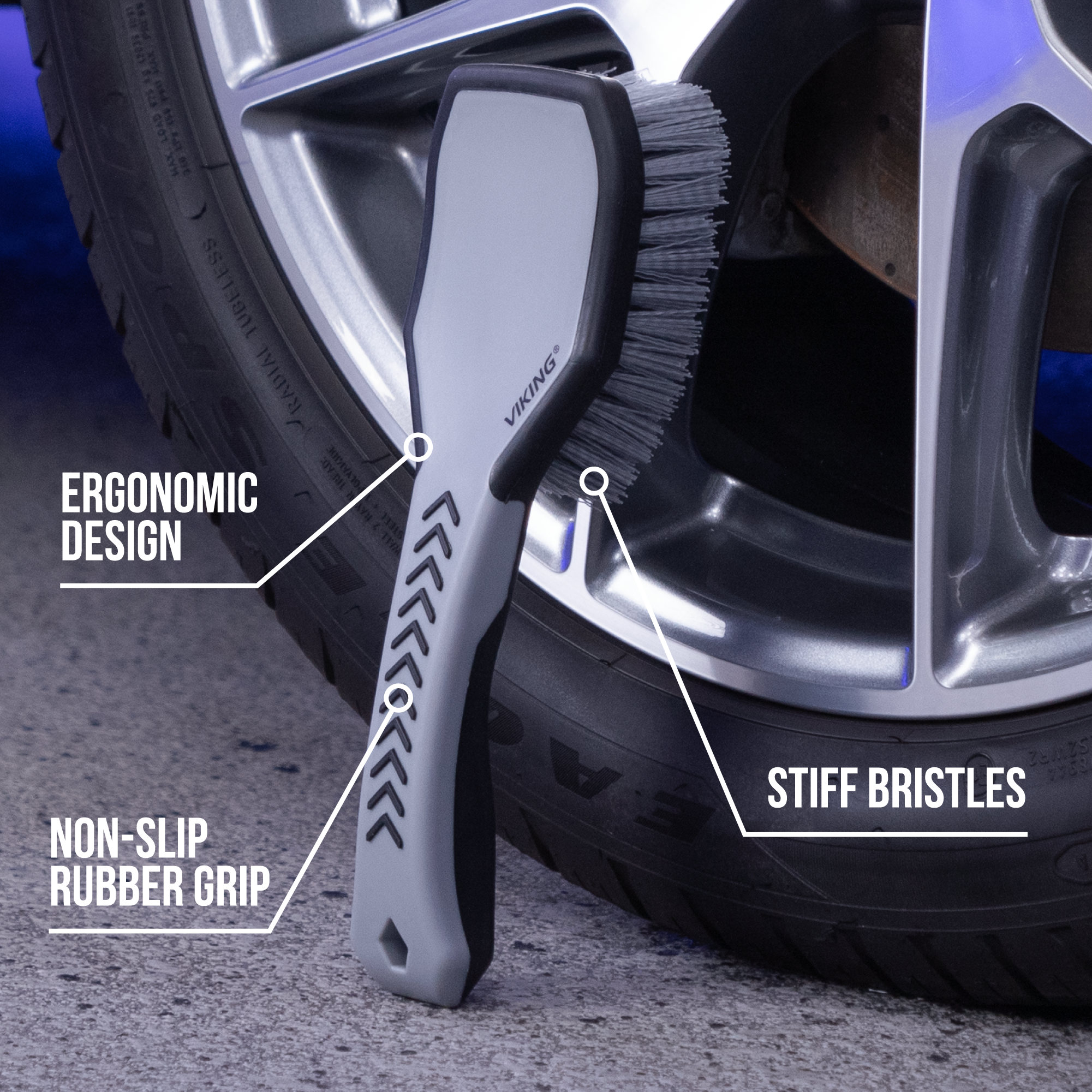 tire brush highlighting ergonomic design, non-slip rubber grip, and stiff bristles