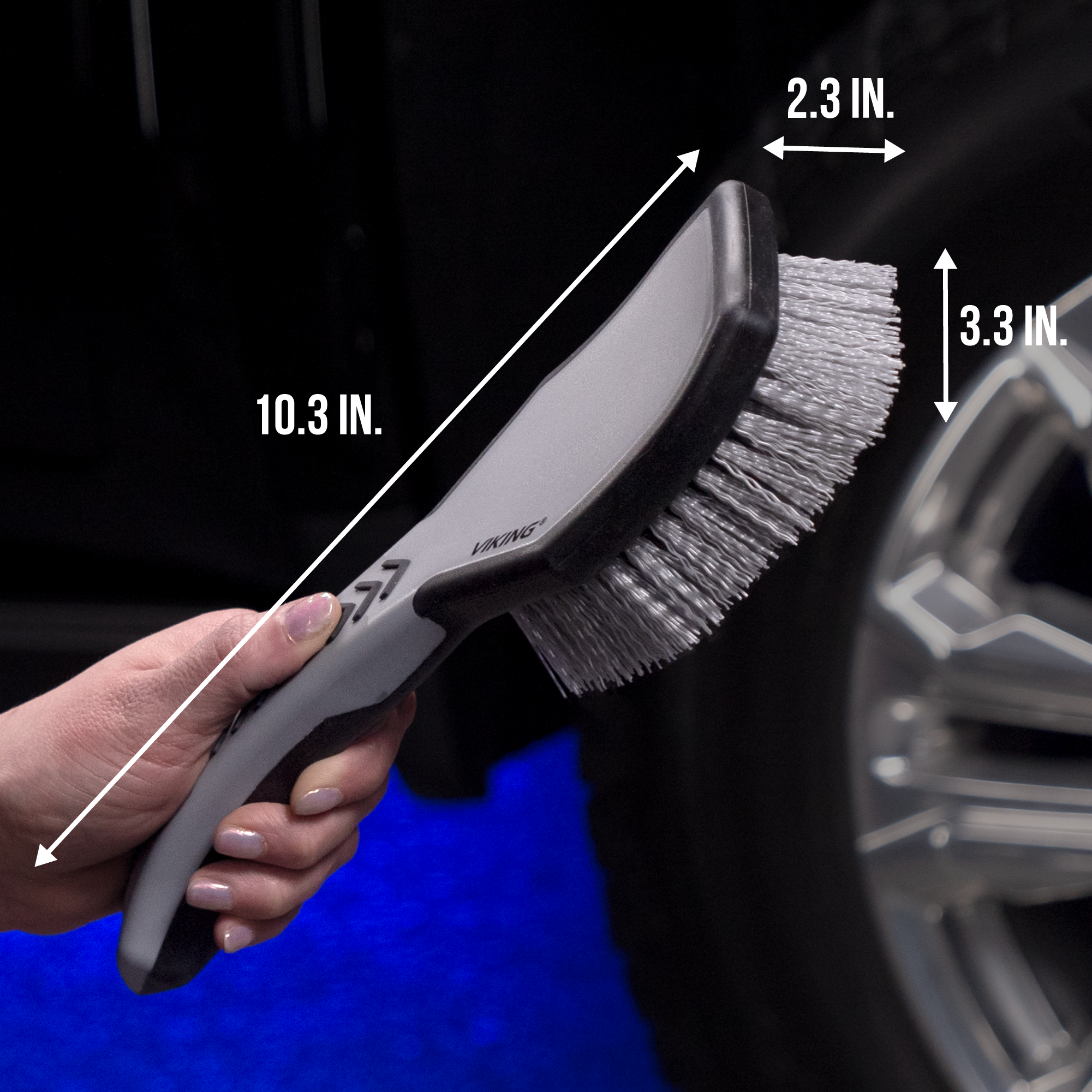 tire brush showing 10.3 inches by 2.3 inches by 3.3 inches dimensions