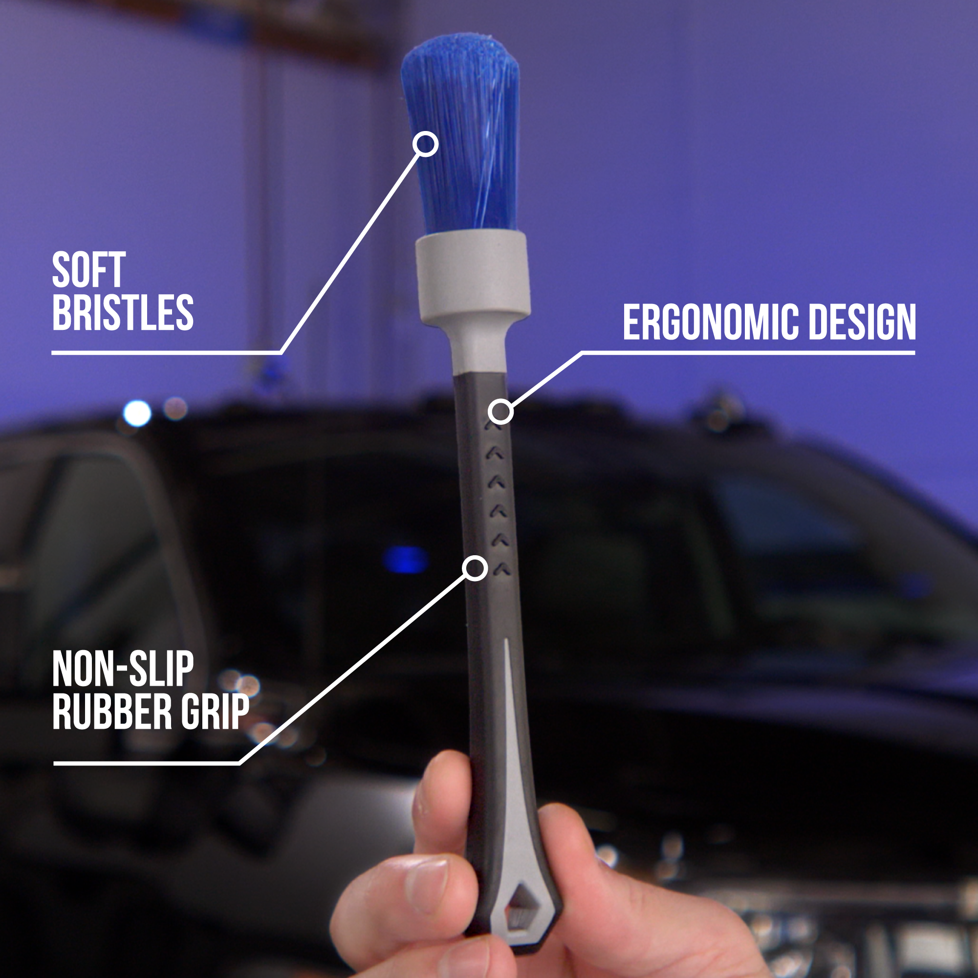 lug nut brush detailing soft bristles, non-slip rubber grip, and ergonomic design