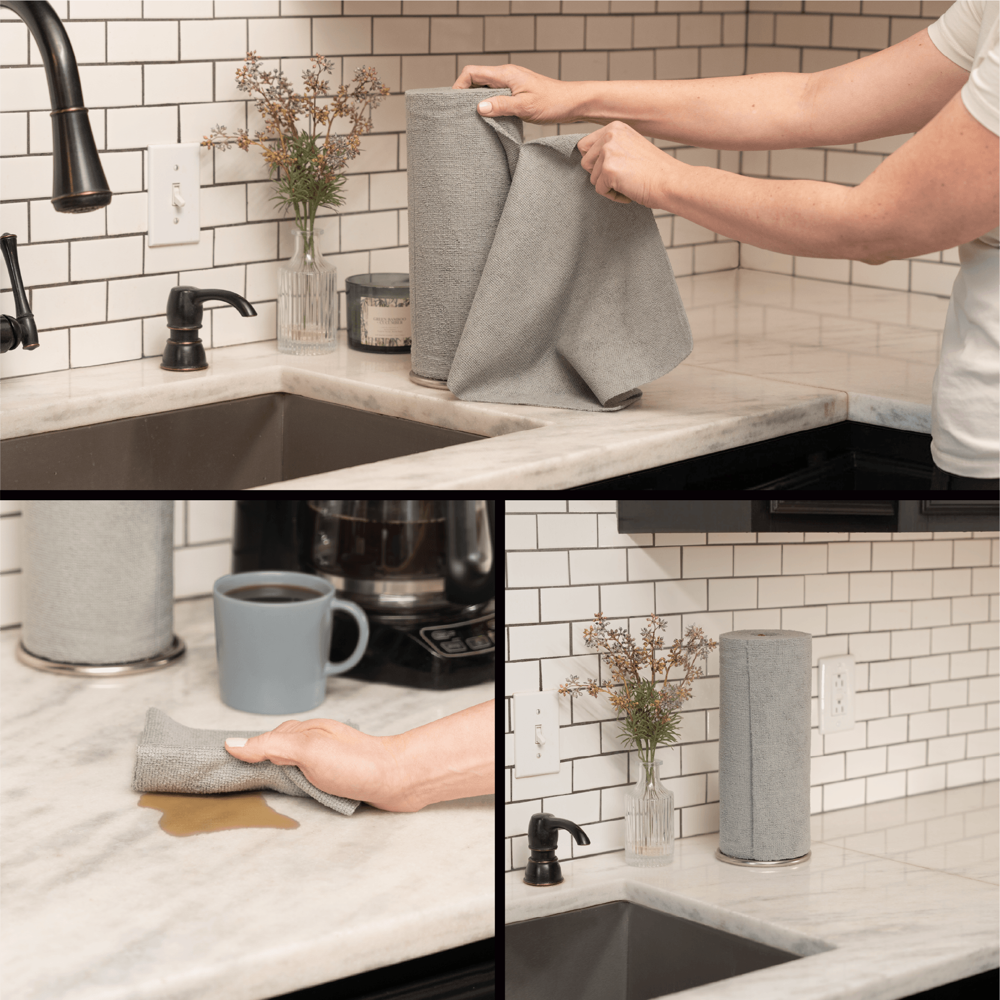 Person using a gray VIKING cloth in a kitchen setting, including a sink and countertop.