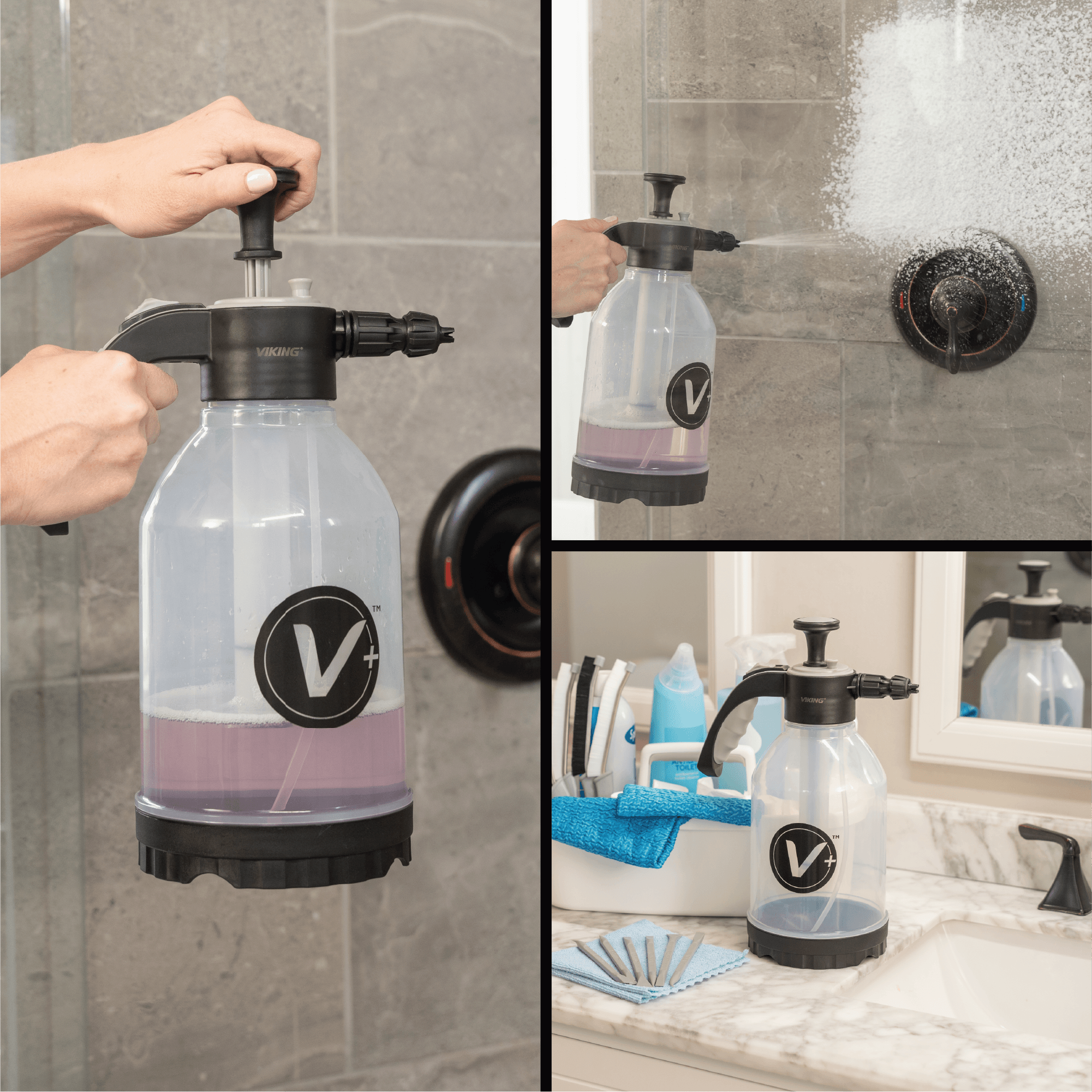Clear Viking pump sprayer with black pump and 'V+' logo used for cleaning in a bathroom setting.