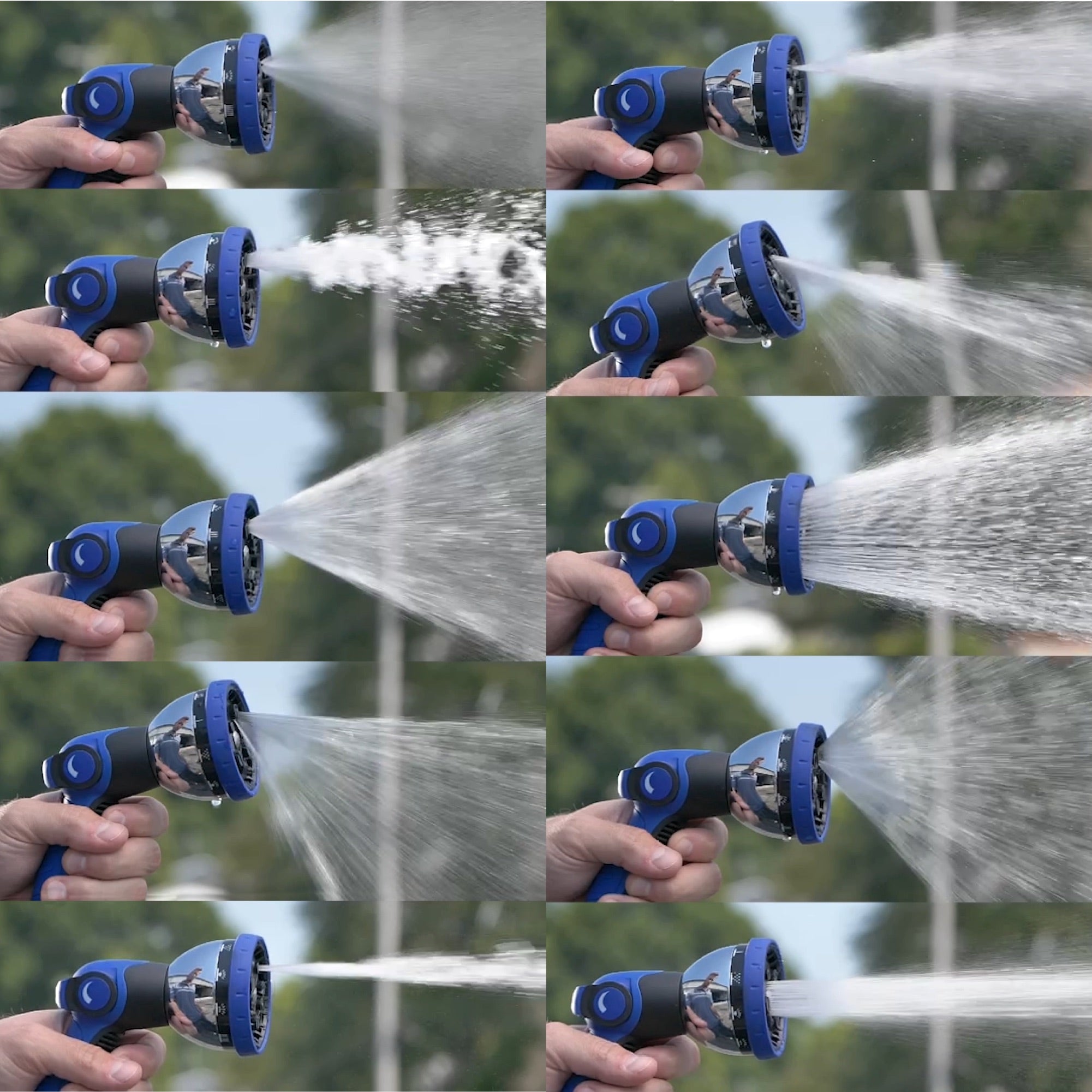 showcasing all 10 spray patterns of the thumb control 10 way spray nozzle