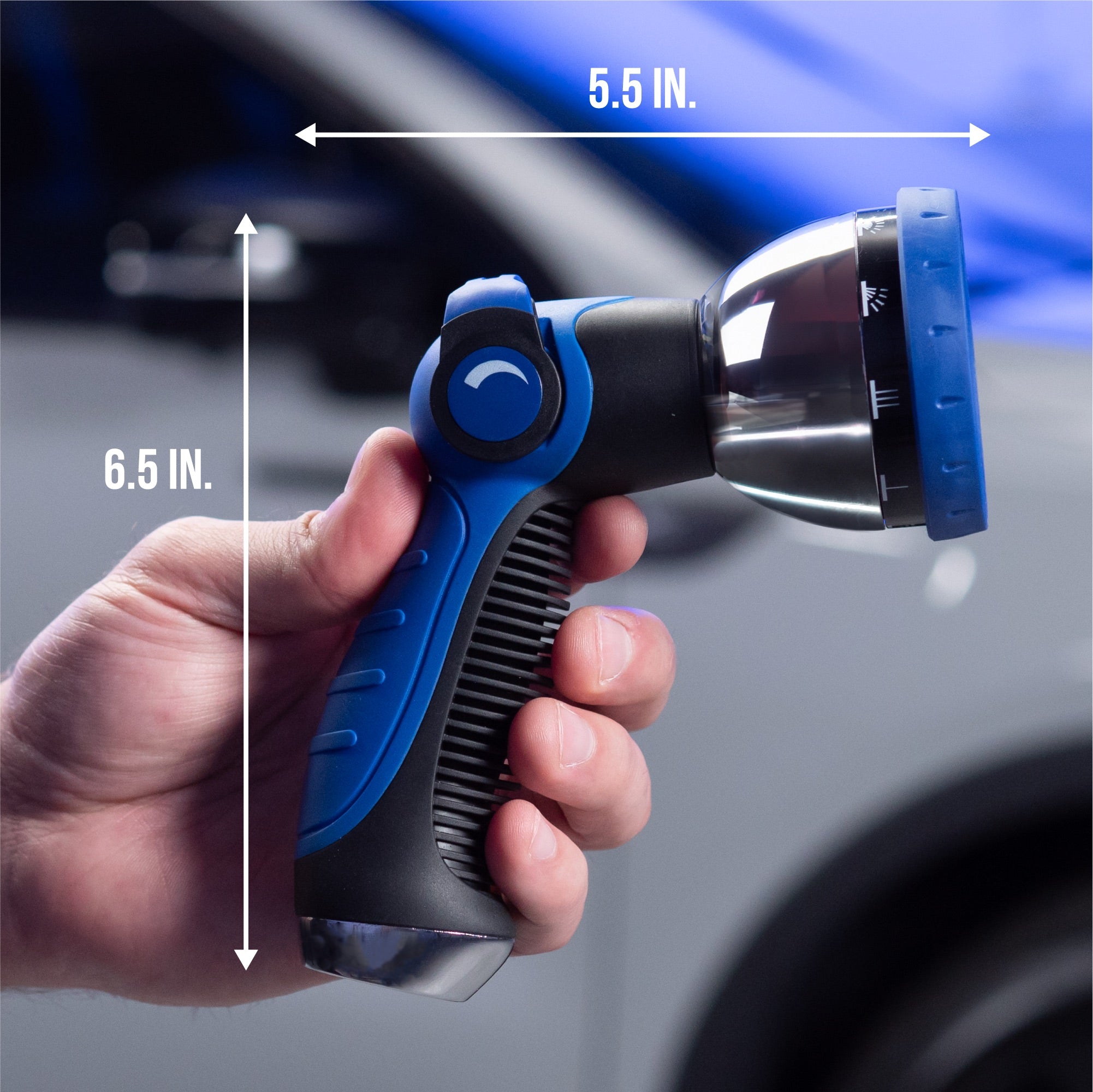 thumb control 10 way spray nozzle showing 5.5 inches by 6.5 inches dimensions